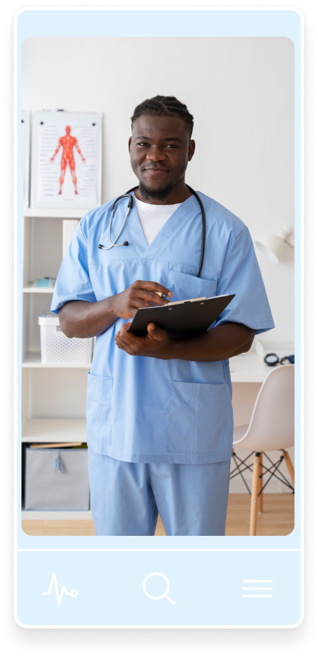A doctor on skyblue uniform holding a book and pen and smiling